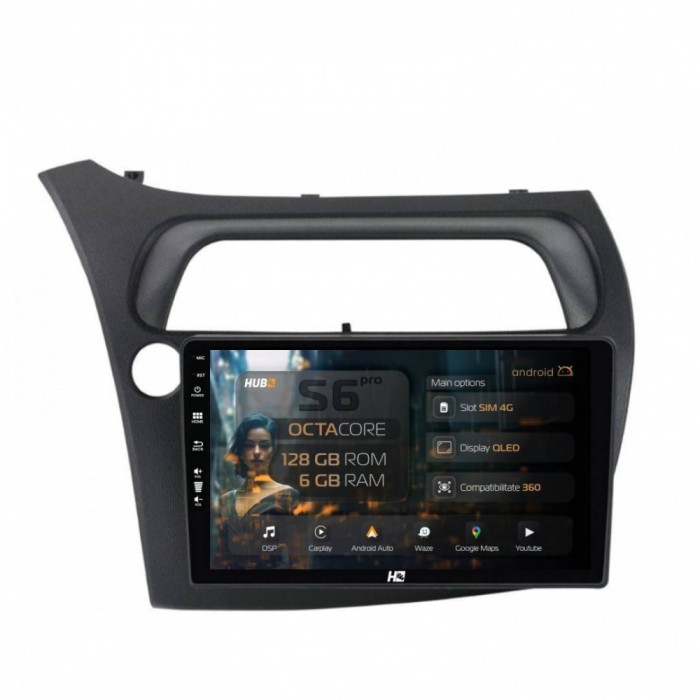 Navigatie Honda Civic Hatchback (2006-2011) 6GB RAM Android 13 Octacore Slot Sim 4G DSP GPS Wi-FI Carplay Android Auto USB Bluetooth Waze Touchscreen