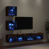 Cumpara ieftin Unități de perete TV cu LED-uri, 5 piese, stejar fumuriu, lemn