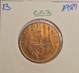 553 Rwanda Ruanda 5 Francs 1987 , KM#13, excelenta, Africa