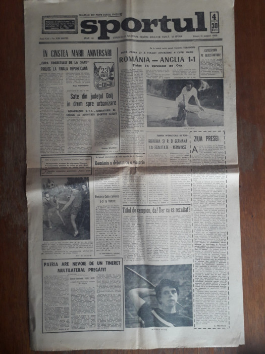 Ziarul Sportul 15 August 1969 , Tiriac Davis / CSP