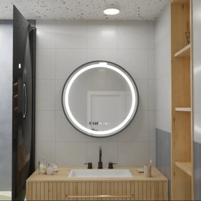 Oglinda LED Rotunda, 60cm, Celeste Majeste Noir Eleve MotionGlow Marcello, Sistem Dezaburire, Ceas &amp;amp; Termometru, Dimabila ModernLight Concept foto