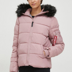 Alpha Industries geaca Hooded Puffer Wmn femei, culoarea roz, de iarna