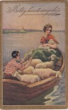 Felicitare de epoca maghiara cu tematica crestina de Paste, prezentand miei