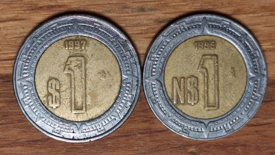 Mexic - set bimetal de colectie - 1 peso 1997 + 1 nuevo peso 1995 - frumoase ! foto