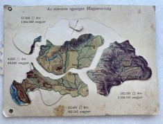 Carte poștală mecanică de propagandă emisă după Tratatul de la Trianon cu teritoriile pierdute &icirc;n km pătrați și nr de populatie