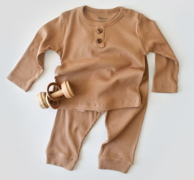 Set bluzita cu maneca lunga si pantaloni lungi din bumbac organic si modal - Maro BabyCosy (Marime: 3-6 Luni) foto