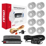 Set senzori de parcare AMiO cu 8 senzori argintii si buzzer, 12V