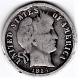 SUA One Dime=10 Cents 1914 argint 90% aprox 2,5 gr.necuratata cu patina, America de Nord