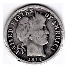 SUA One Dime=10 Cents 1914 argint 90% aprox 2,5 gr.necuratata cu patina