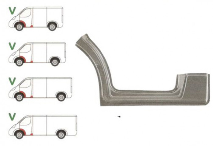 Prag Mercedes Sprinter 209-524 (W906) 07.2006-2017, VW Crafter (2E) 12.2005-04.2017 , partea Stanga, sub usa fata, cu 1/3 segment interior aripa fata