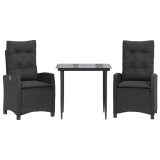 Set mobilier de gradina cu perne, 3 piese, negru, poliratan