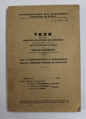 DESPRE NUTRITIA LA RHINANTHACEE / CHESTIUNI PROPUSE DE FACULTATE - TEZE PREZENTATE FACULTATII DE STIINTE DIN BUCURESTI de NICOLAE SALAGEANU , 1936 , D foto
