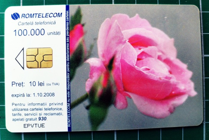 Cartelă telefonică Romtelecom Floral 10 lei 100.000 unități EPVTUE exp. 01.10.2008 Trandafir Tufă Curpeni Clematis Flori Plante