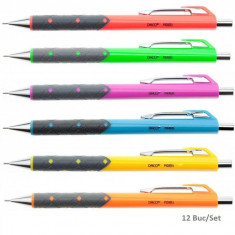 Set 12 Creioane Mecanice DACO Picatel, Mina de 0.7 mm, Corp din Plastic cu Grip Ergonomic, Corp de Diferite Culori, Creioane Mecanice, Creion Mecanic