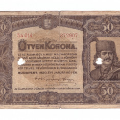 Bancnota Ungaria 50 korona 1 ianuarie 1920, circulata, gaurita