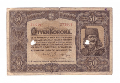 Bancnota Ungaria 50 korona 1 ianuarie 1920, circulata, gaurita foto