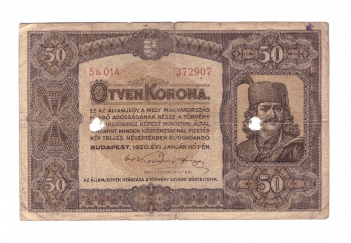 Bancnota Ungaria 50 korona 1 ianuarie 1920, circulata, gaurita