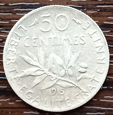 (A1053) MONEDA DIN ARGINT FRANTA - 50 CENTIMES 1915, SEMANATOAREA foto