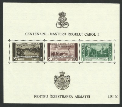 Bloc CENTENAR CAROL I DANTELAT SUPRATIPAR PRO PATRIA 1940 MNH foto