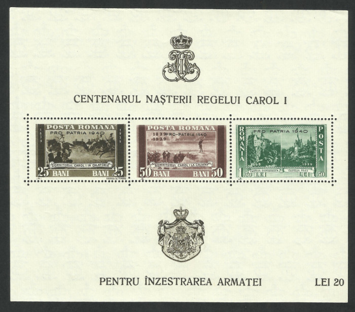 Bloc CENTENAR CAROL I DANTELAT SUPRATIPAR PRO PATRIA 1940 MNH