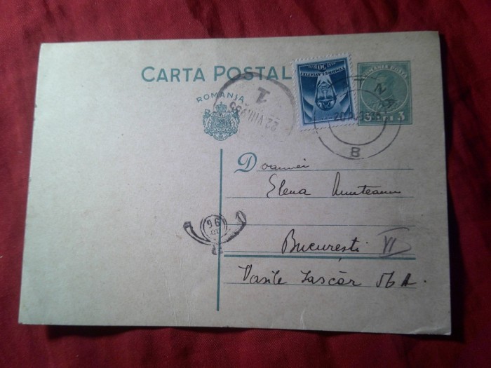 Carte Postala circulata Zlatna - Bucuresti 1935 , Goarna 96 ,Timbru fix 3 lei Carol II si Timbrul Aviatiei