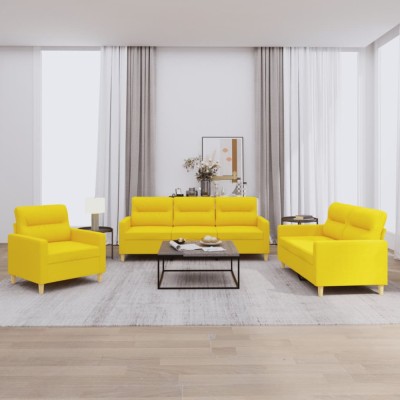 vidaXL Set de canapele cu perne, 3 piese, galben deschis, textil foto