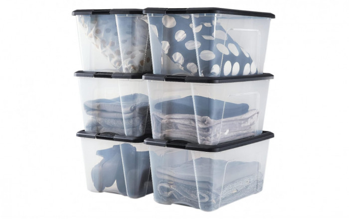 Cutii de depozitare Iris Ohyama din plastic cu capac si cleme de inchidere, 45L, Set de 4, fara BPA, NTB-45 - RESIGILAT