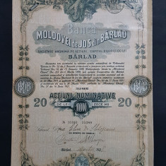 Actiune 1928 Banca Moldovei de jos din Barlad , titlu 20 actiuni nominative