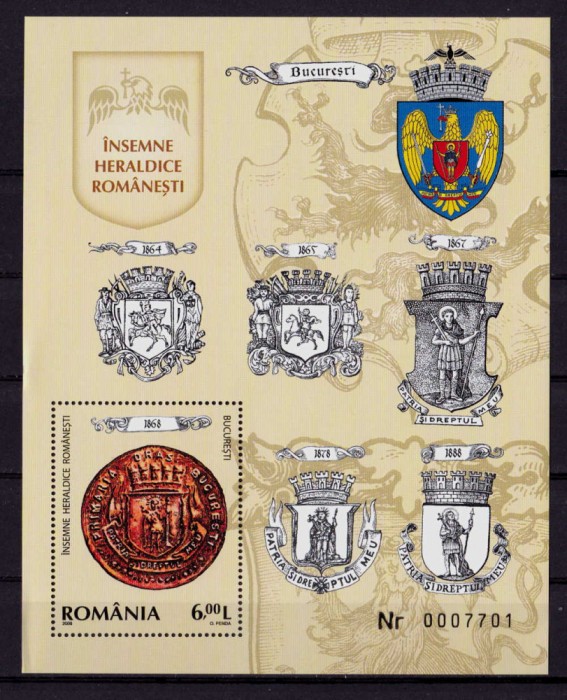 RO 2008 ,LP 1817 ,&quot;Insemne Heraldice Romanesti &quot; , colita nr. 438 , MNH