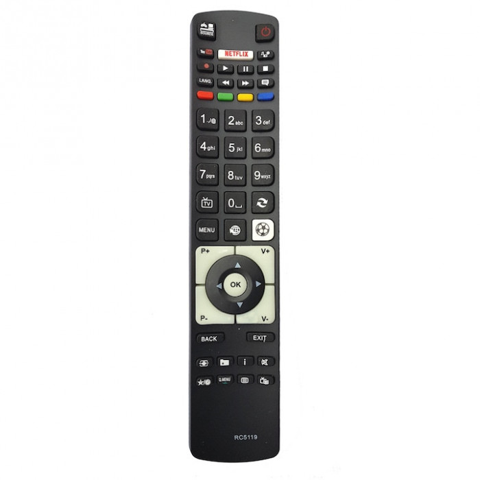 Telecomanda pentru LCD/LED AKAI, VESTEL, TELEFUNKEN, FINLUX, KENDO RC5119 cu NETFLIX si SPORTS, neagra cu functiile telecomenzii originale