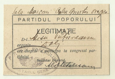 Legitimatie Partidul Poporului Averescu - anii 1930 foto