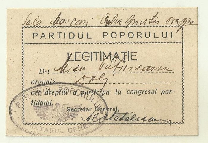 Legitimatie Partidul Poporului Averescu - anii 1930