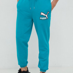 Puma pantaloni de trening din bumbac barbati, culoarea turcoaz, cu imprimeu