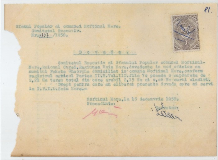 Romania, Sfatul Popular al comunei, Dovada, Moftinul Mare, 1959