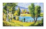 Cumpara ieftin Tablou pictat manual dormitor, living, Peisaj de la munte cu pescarul norocos, 100x60cm ulei pe panza, gata de agatat pe perete