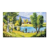 Tablou pictat manual Peisaj de la munte cu pescarul norocos, 100x60cm ulei pe panza, Constantin Feraru