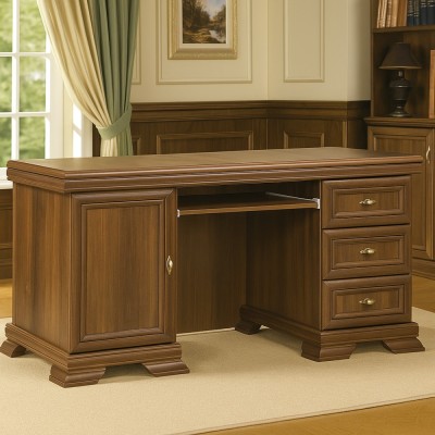 Birou VMB, clasic, 3 sertare, usa, polita tastatura, Pal Melaminat, insertii MDF, Nuc foto