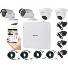 Kit supraveghere video mixt 4 camere 2 Hikvision exterior 20m IR si 2 interior Rovision, accesorii incluse foto