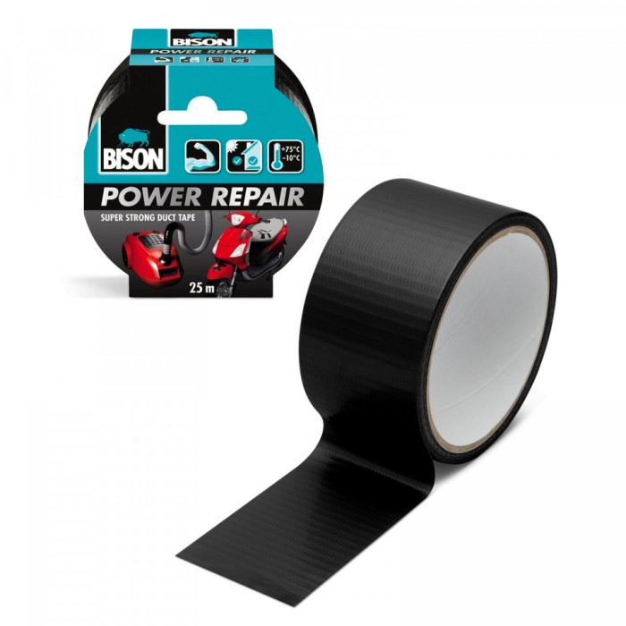 Bandă adezivă &icirc;ntărită cu material BISON Power Repair - neagră - 10 m