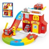 Statie de Pompieri cu Vehicul, Piste de Construit, Jucarie Prescolari, Plastic, Rosu, CMCLASS