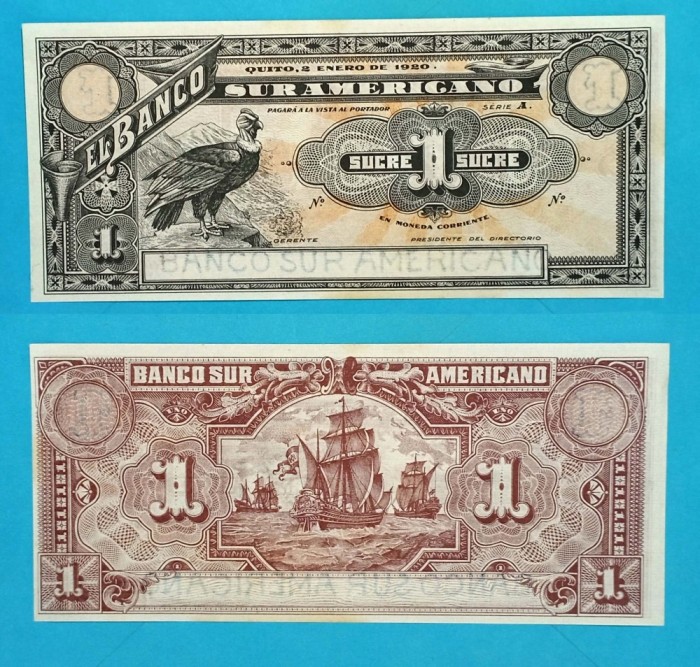 Bancnotă Ecuador (pick S251) 1 Sucre 1920 aUNC; Banco Sur Americano