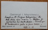 Carte de vizita General I. Manolescu cu text olograf, referiri la scriitorul Sandu Aldea, datata 1938