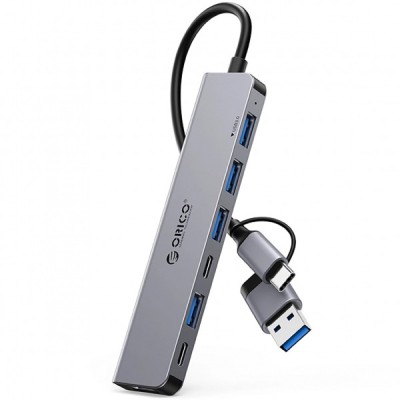 Hub USB / USB-C Orico YSA7-U3, 1 x USB-A 3.0 - 4 x USB-A - 2 x USB-C, Gri foto