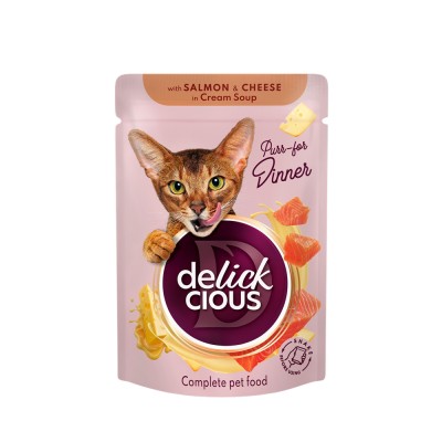 DELICKCIOUS, Stripsuri cu somon si cascaval in supa crema, pentru pisici, 85g foto