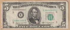 (1) BANCNOTA SUA - 5 DOLLARS 1950 C, PORTRET LINCOLN