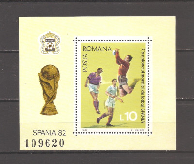 Rom&amp;acirc;nia 1981 - LP 1047, C.M. de Fotbal - Spania, coliţă dantelată, MNH foto