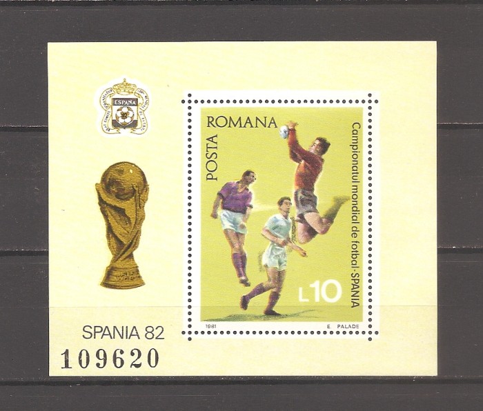 Rom&acirc;nia 1981 - LP 1047, C.M. de Fotbal - Spania, coliţă dantelată, MNH