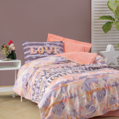 Lenjerie de pat pentru o persoana + cearceaf cu elastic Young, 3 piese, 160x220 cm, 100% bumbac ranforce, Cotton Box, Love, roz pudra