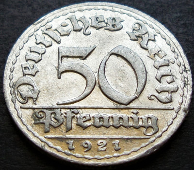 Moneda istorica 50 PFENNIG - IMPERIUL GERMAN, anul 1921 *cod 2409 B - litera D foto