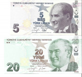 Turcia lot 5 &amp; 20 lire, 2009-13, UNC